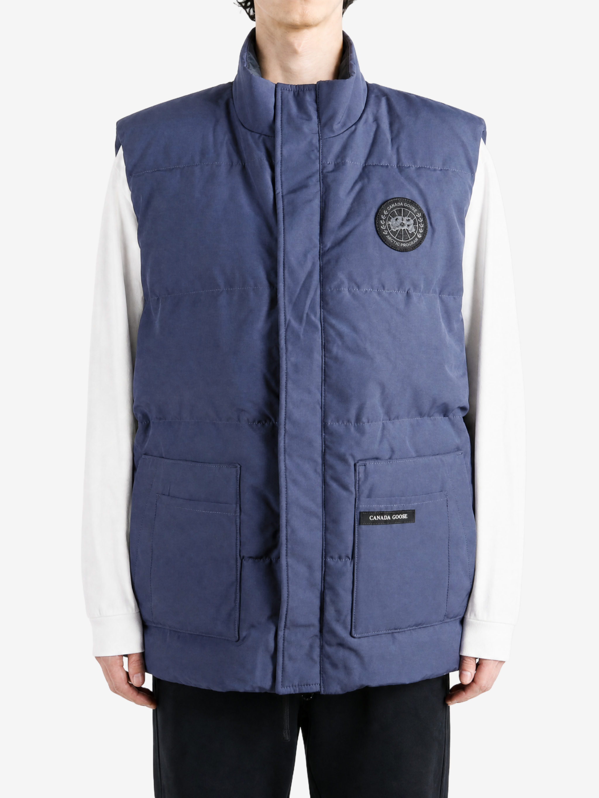 Navy jacket, full body view