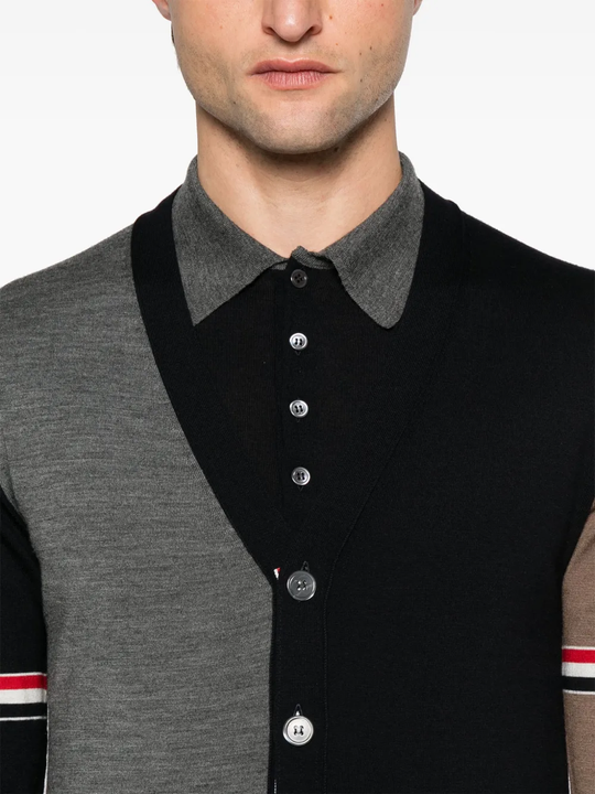 Close up of the blue knitwear, showing texture of the wool fabric