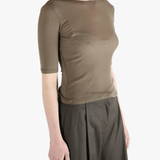Brown t-shirt worn by a person, showing the t-shirt's fit
