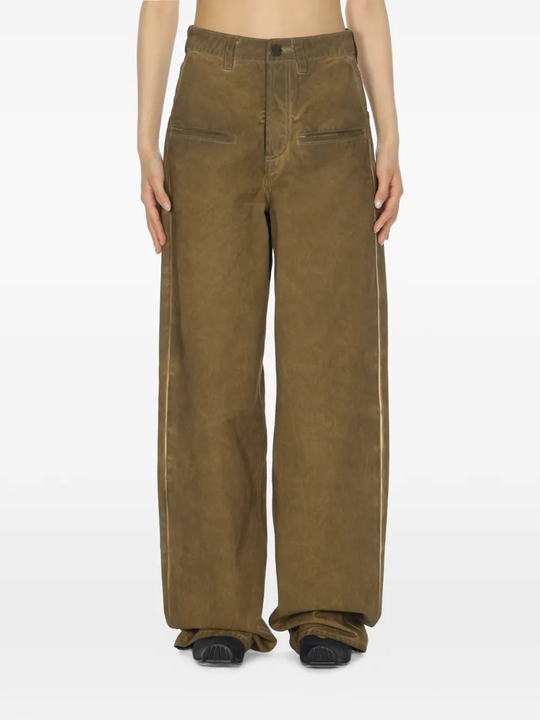 Brown pants worn by a person, showing the pants fit