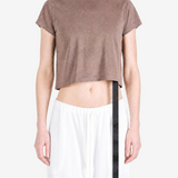 Brown t-shirt worn by a person, showing the t-shirt fit