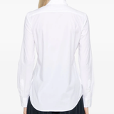 White shirt worn by a person, showing the shirt's fit