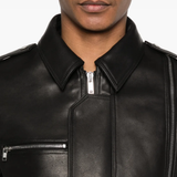 Close up of black jacket, showing texture of the Lamb Leather fabric
