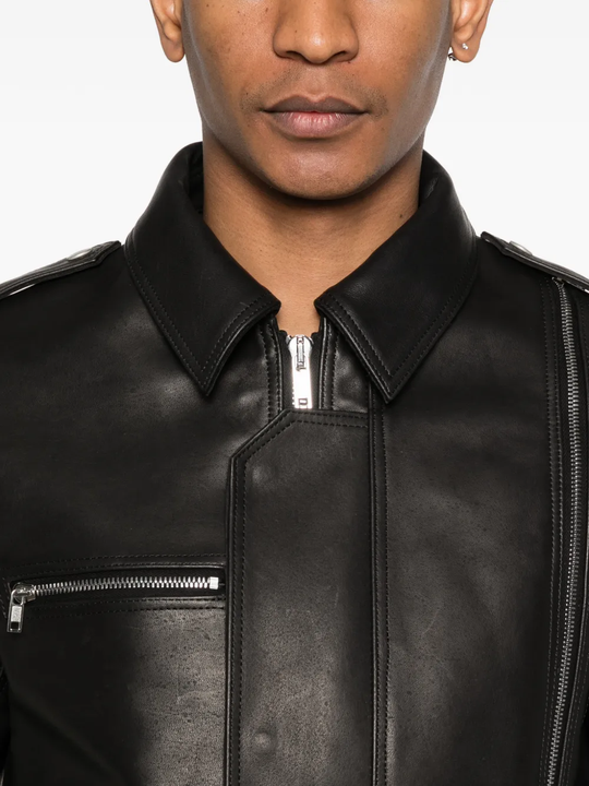 Close up of black jacket, showing texture of the Lamb Leather fabric
