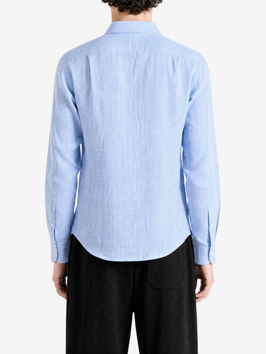 Blue shirt, full body view