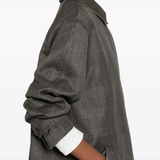 Close up of grey coats, showing texture of the triacetate and polyester fabric