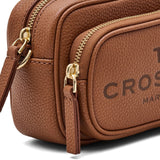 Close up of brown bag, showing texture of the leather fabric