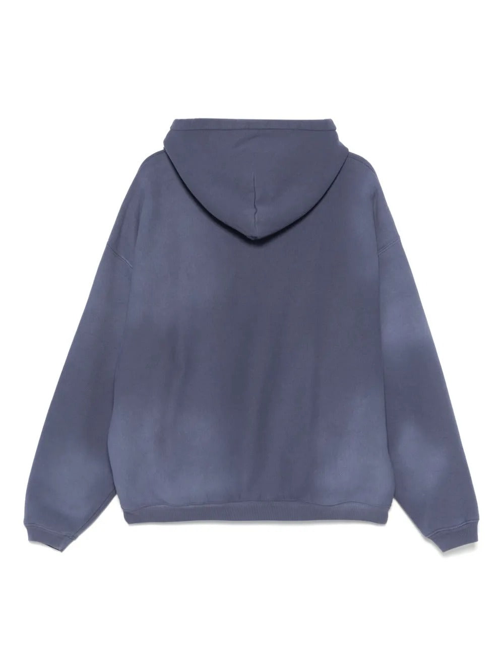 Blue hoodie, back view showing relaxed fit