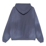 Blue hoodie, back view showing relaxed fit