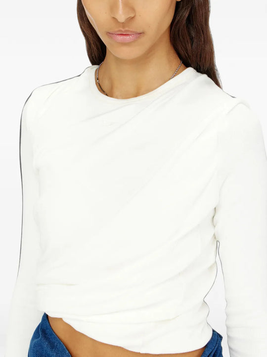 White top worn by a person, showing the top fit