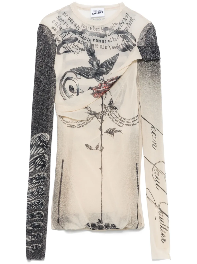 JEAN PAUL GAULTIER - Women Printed "Tattoo Rose & Bird" Double Layer Mesh Top