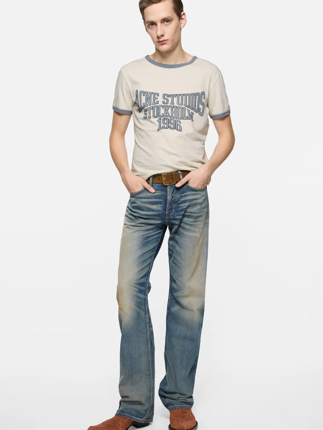 Tan t-shirt, full body view