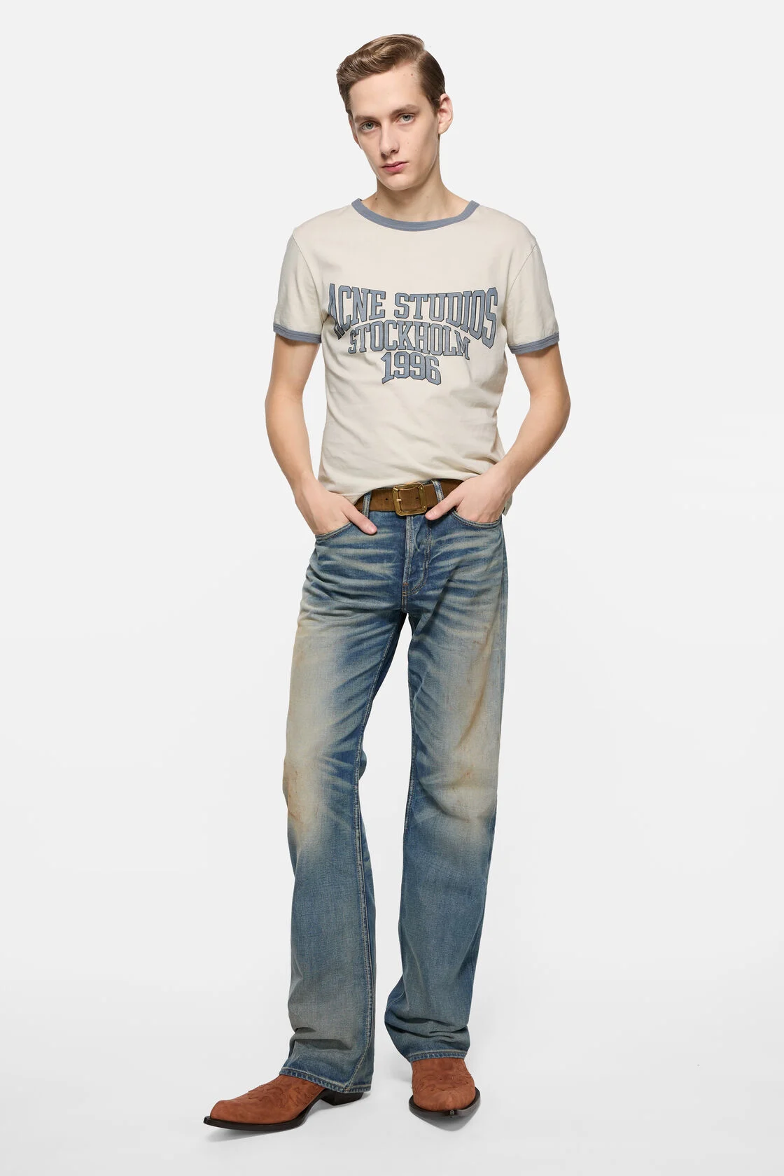 Tan t-shirt, full body view