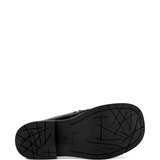 Close up of loafers-mules, showing texture of the calfskin fabric