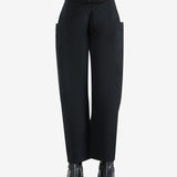 Black pants worn by a person, showing the pants' fit