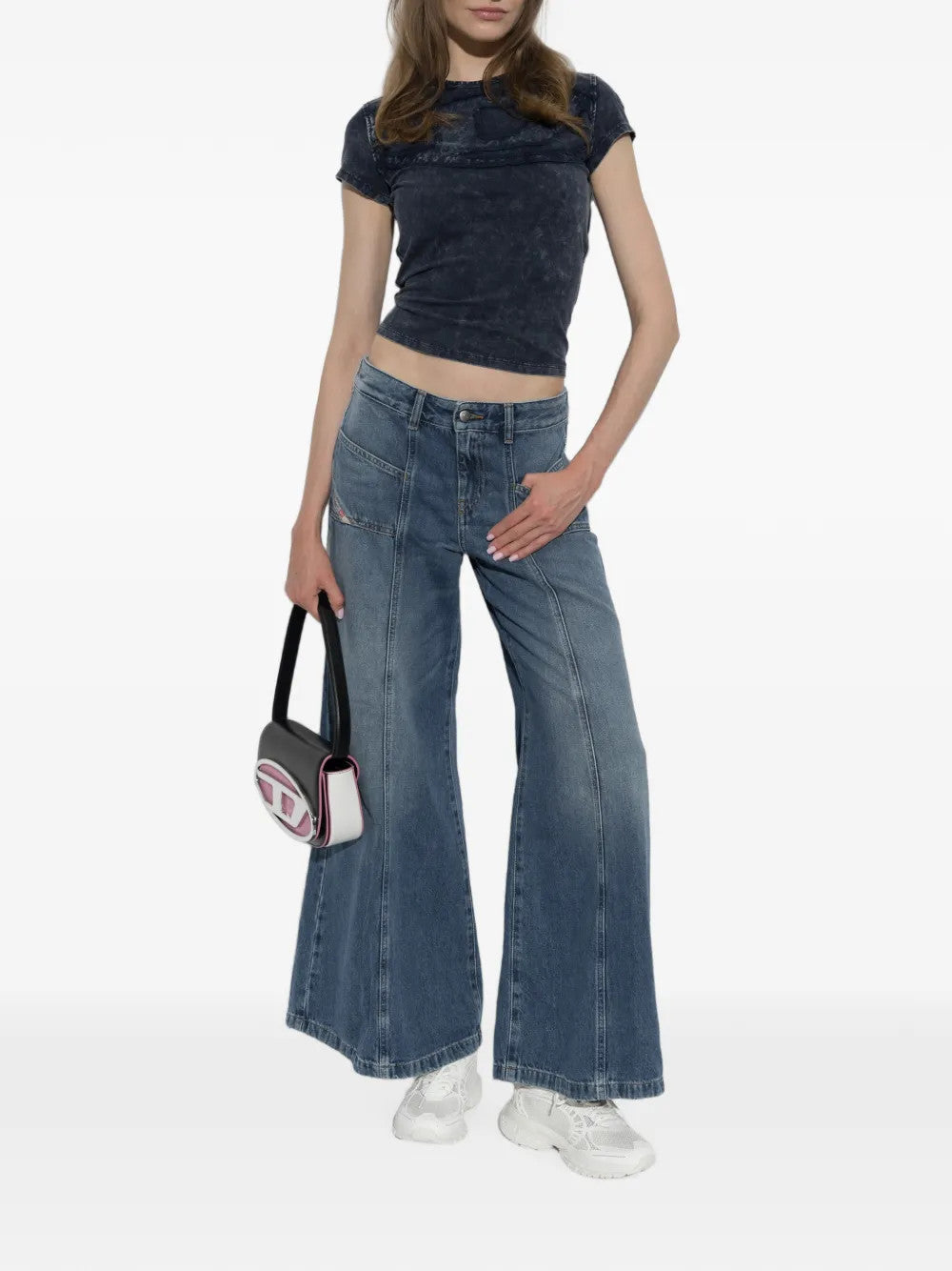 Navy top, full body view