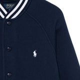 Close up of blue jackets, showing texture of the cotton and polyester fabric