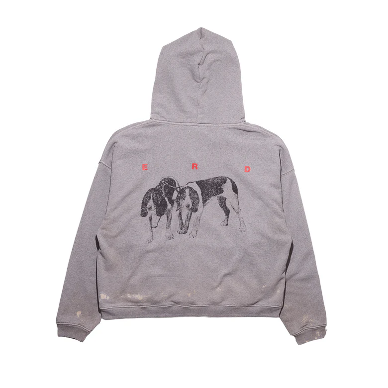 Grey hoodie, back view