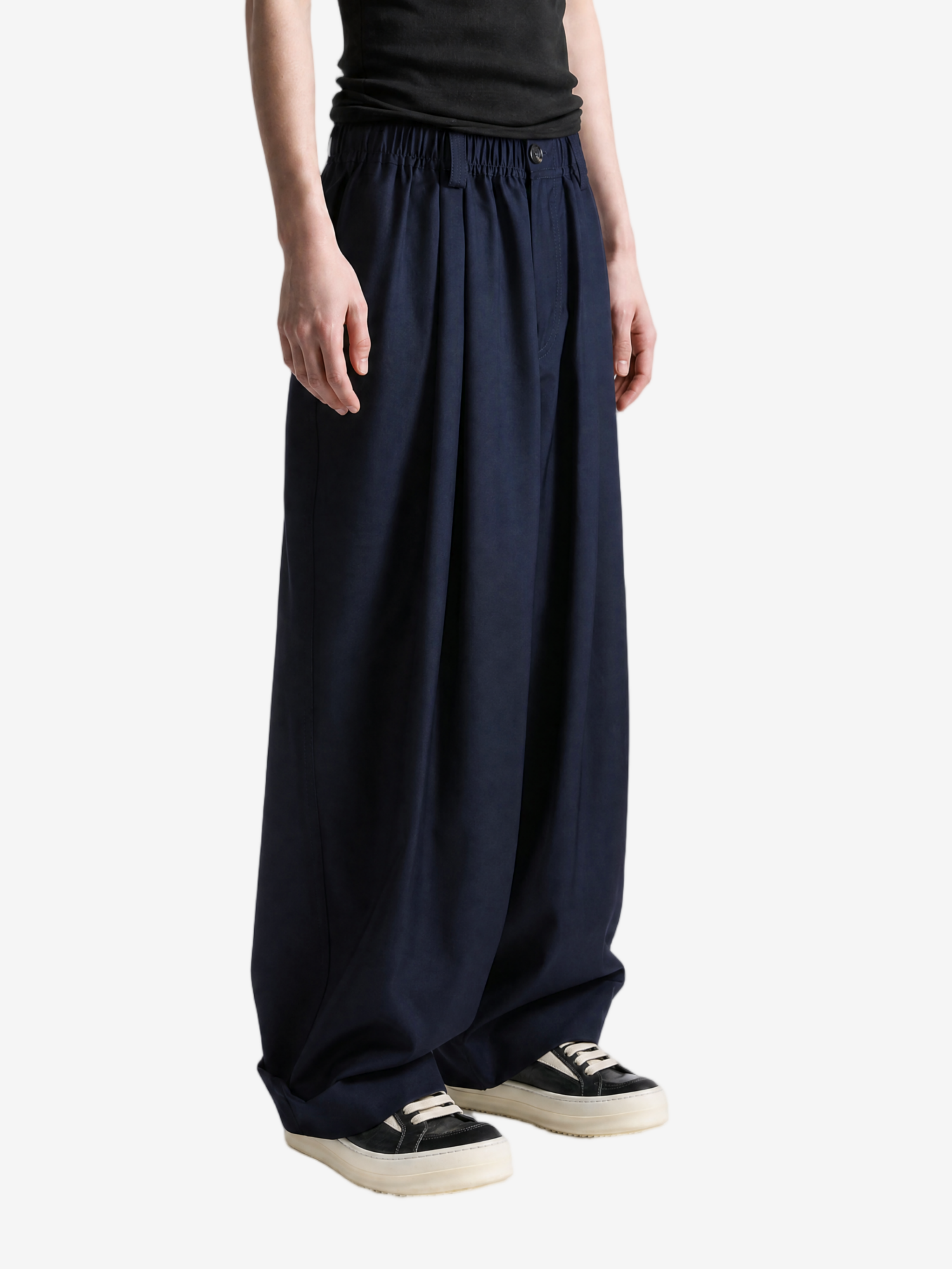 Navy pants, full body view