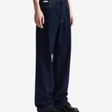 Navy jeans, full body view