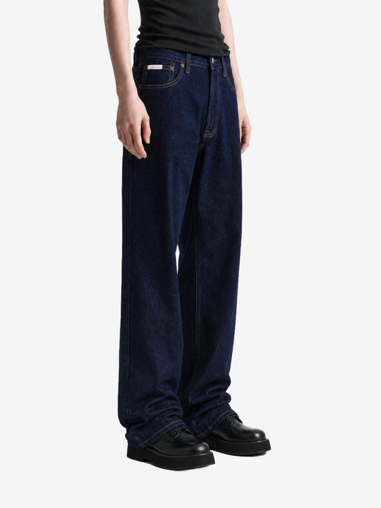 Navy jeans, full body view