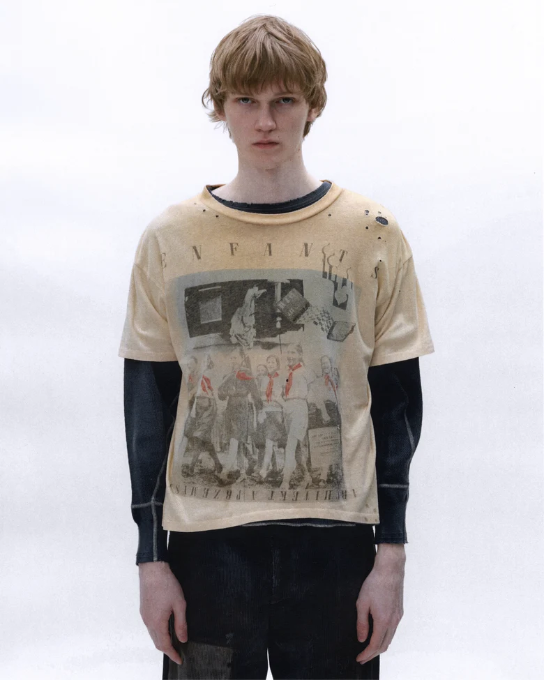 Tan t-shirt, full body view