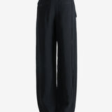 Black pants worn by a person, showing the pants' fit