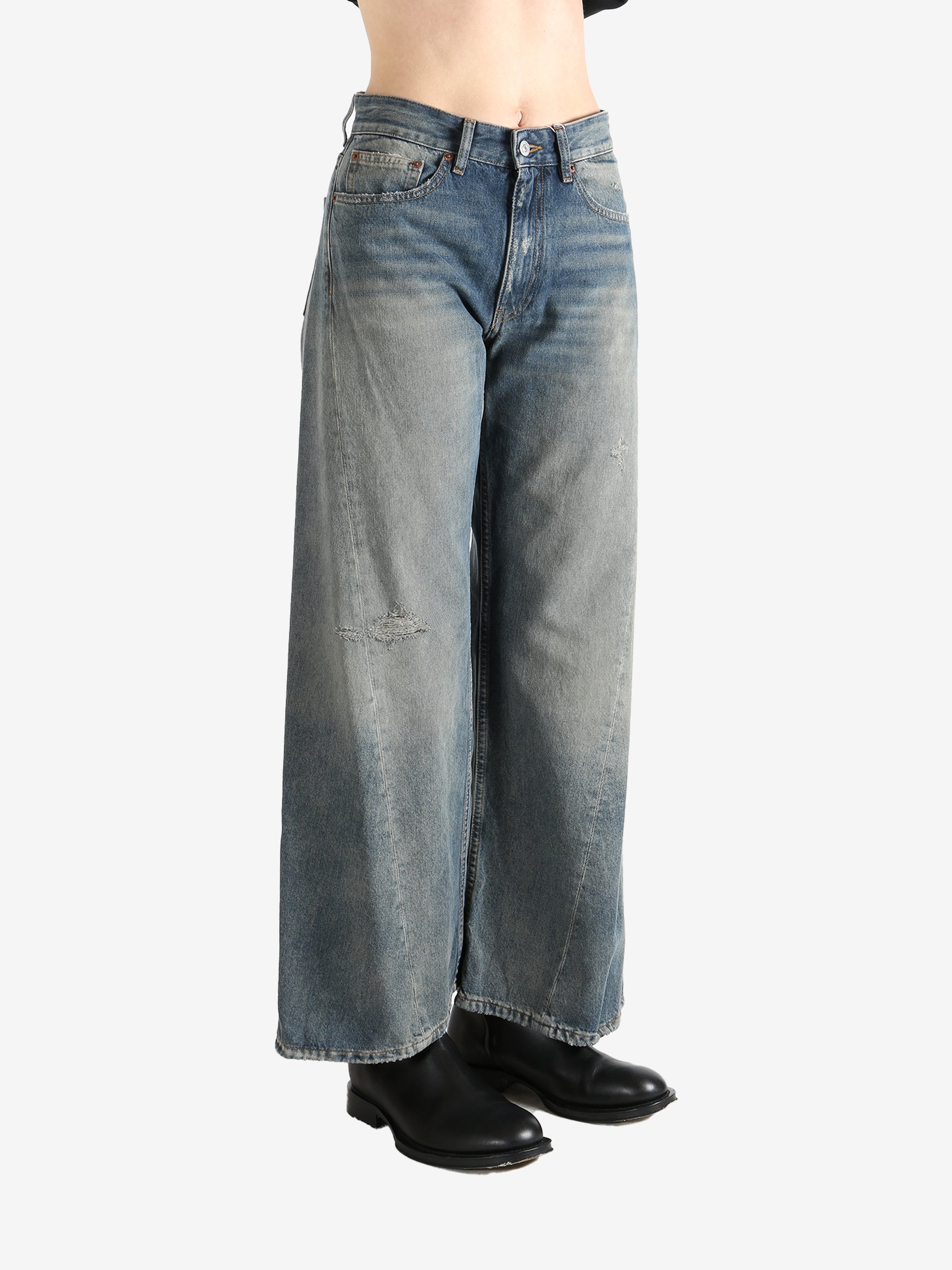 Blue pants worn by a person, showing the pants fit