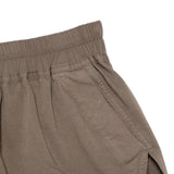 Close up of Tan shorts, showing texture of the 97% cotton/ 3% elastane fabric