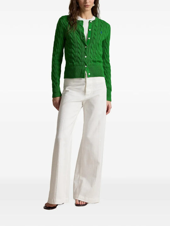 Green cardigan, full body view