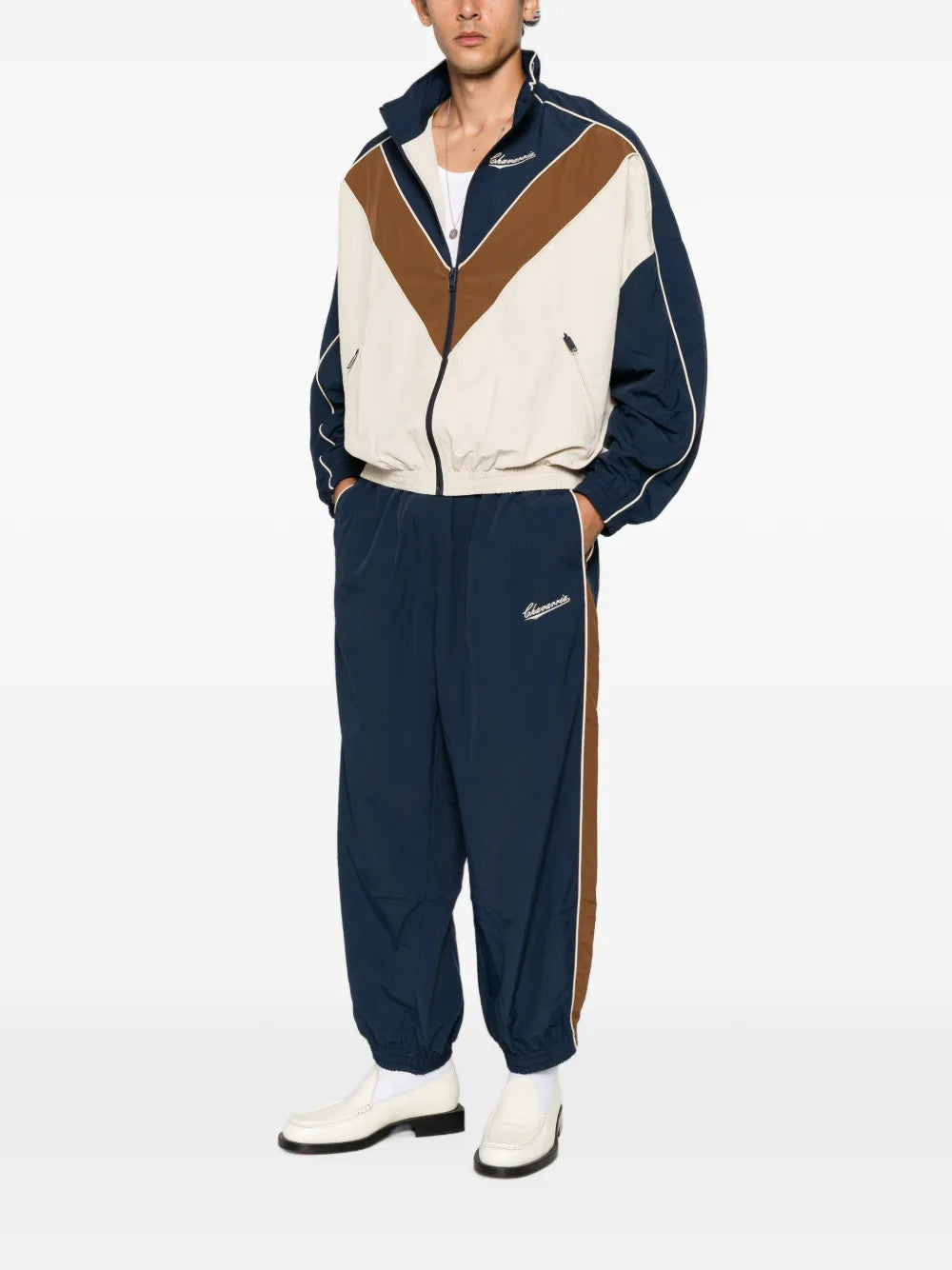 Navy pants, full body view