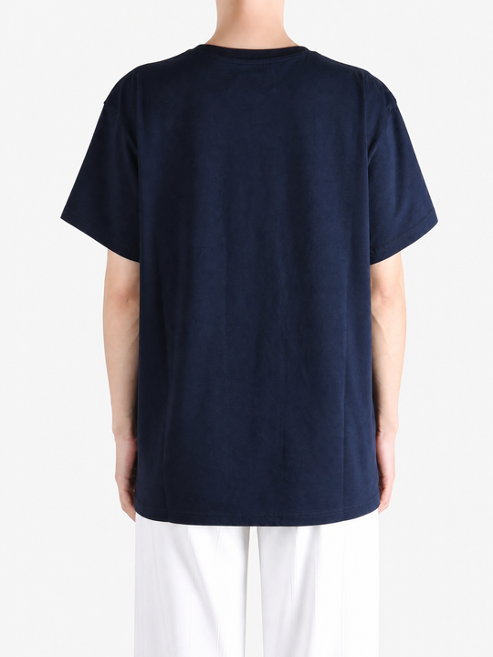 Navy shirt, full body view