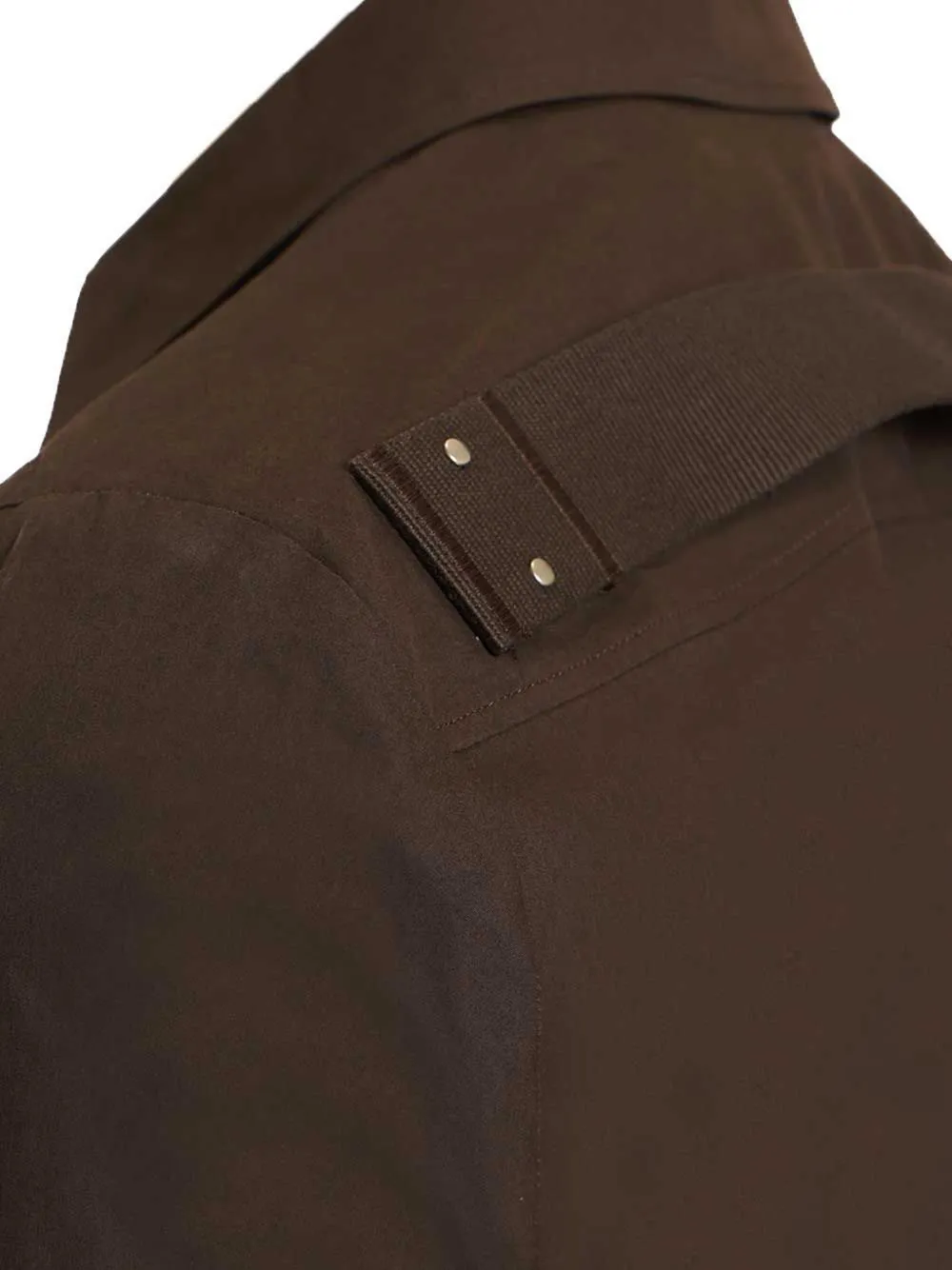 Close up of Brown jacket, showing texture of the 100% cotton fabric