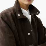 Close-up of Brown jacket，showing texture of the 100% cow leather fabric