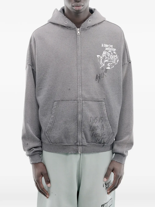 Grey hoodie worn by a person, showing the hoodie's fit