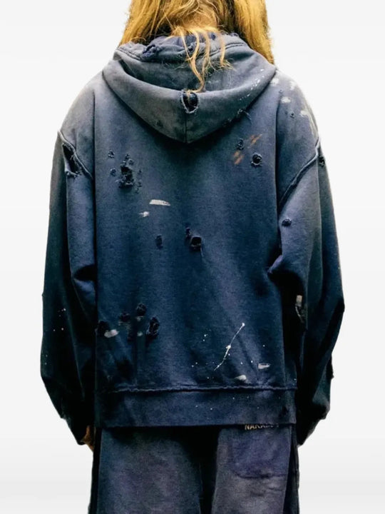 Navy hoodie, full body view