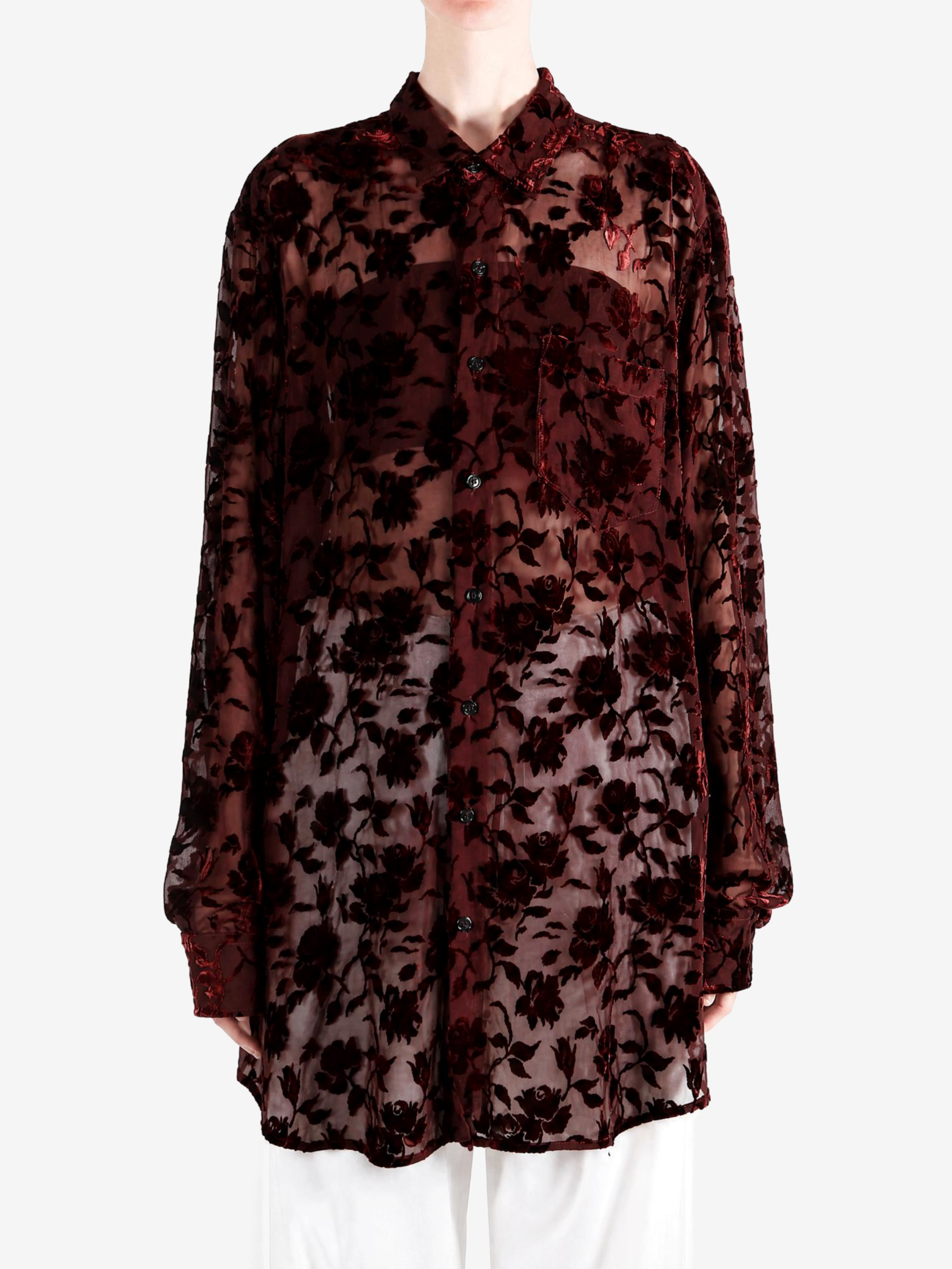 Burgundy shirt, full body view