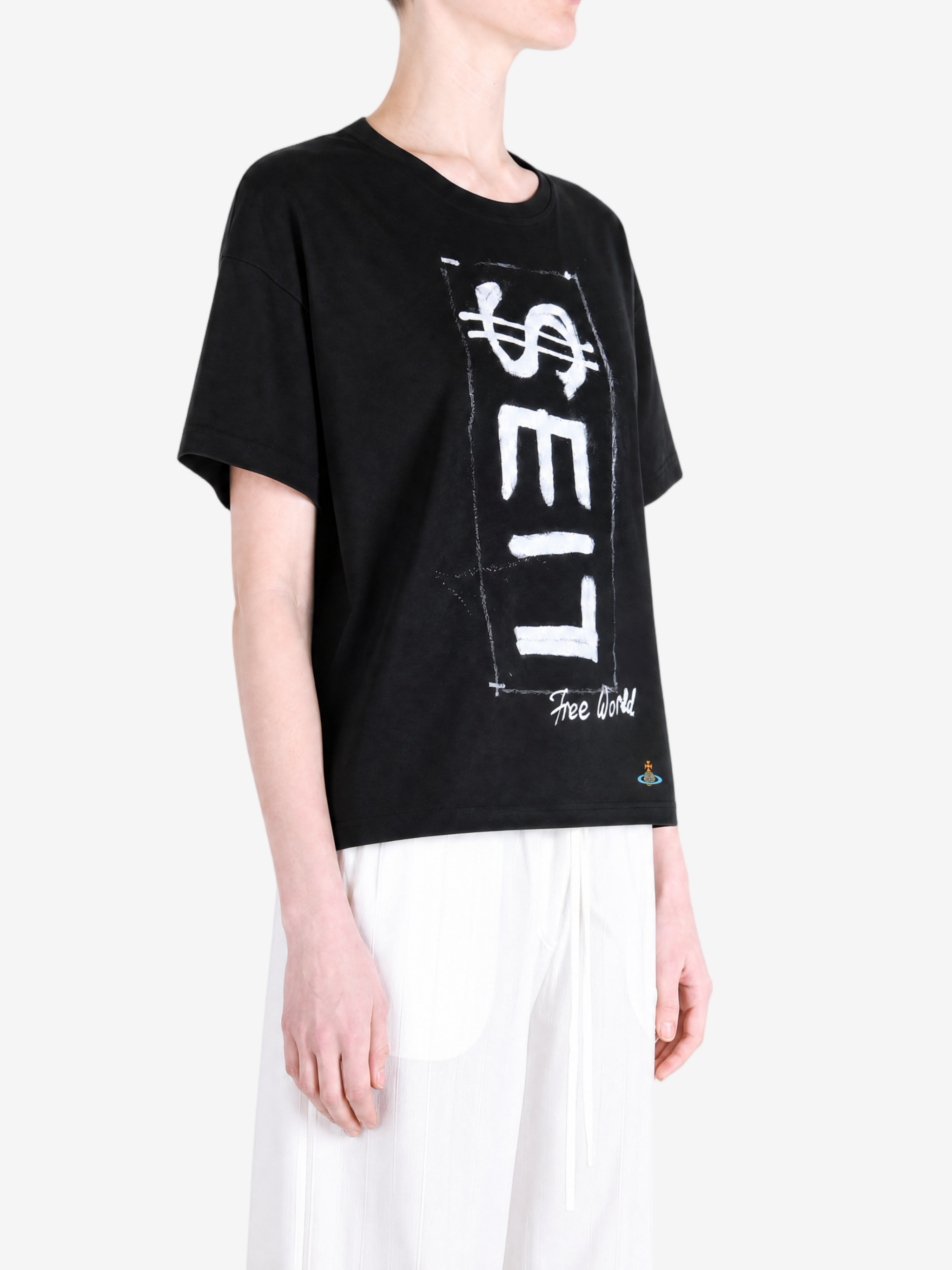 Black t-shirt worn by a person, showing the t-shirt fit