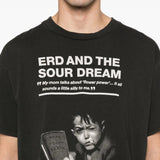 close up of black t-shirt, showing texture of the cotton fabric