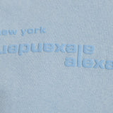 Close up of Blue top, showing texture of the 100% cotton fabric