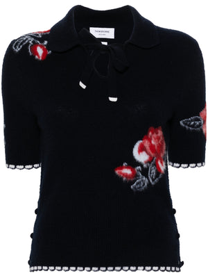 THOM BROWNE - Women Brushed Rose Jersey Intarsia Keyhole Polo In Merino Wool