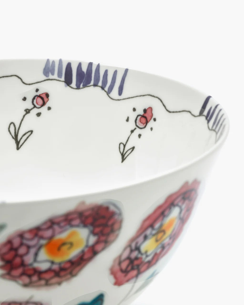 Close up of blue bowl, showing texture of the bone porcelain fabric