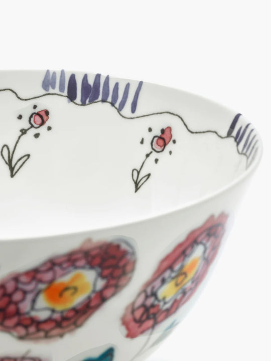 Close up of blue bowl, showing texture of the bone porcelain fabric