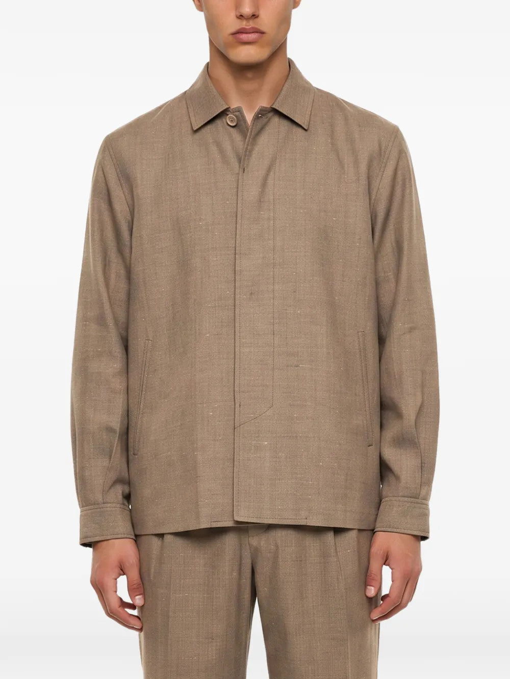Tan jacket, full body view