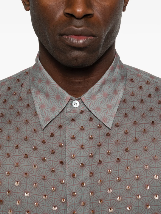 Close up of grey shirt, showing texture of the cotton fabric
