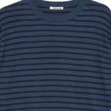 Close up of Blue and black striped T-shirt, showing texture of the cotton fabric