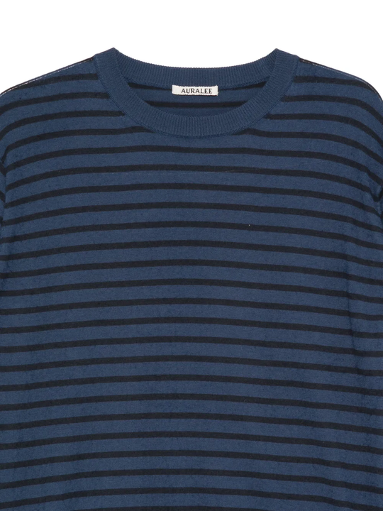 Close up of Blue and black striped T-shirt, showing texture of the cotton fabric