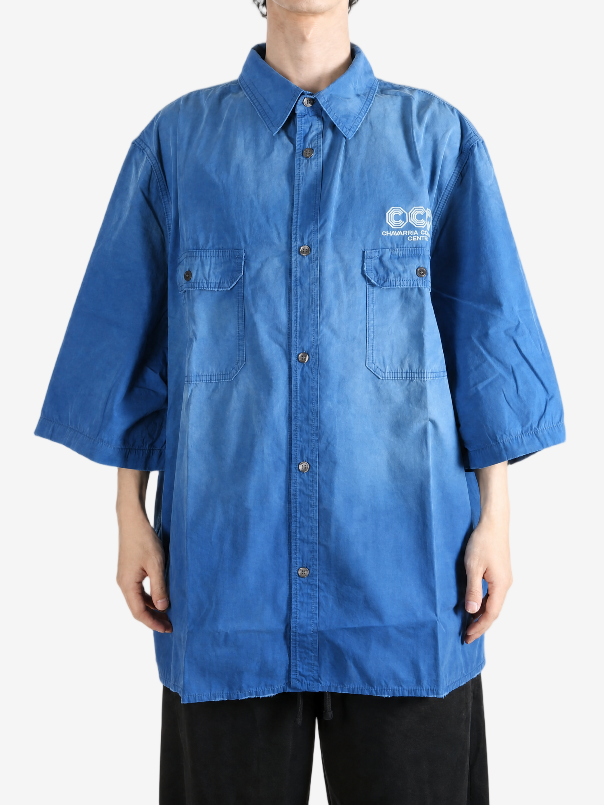 Blue shirt, full body view