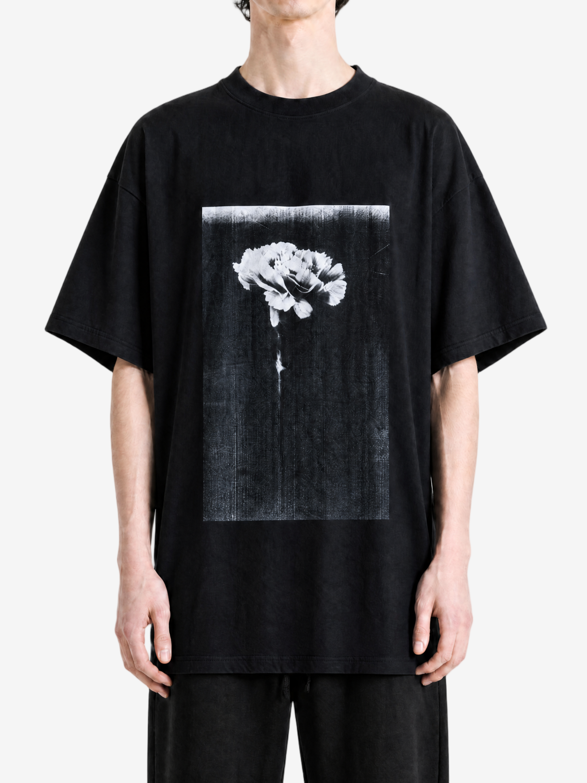 Black t-shirt, full body view
