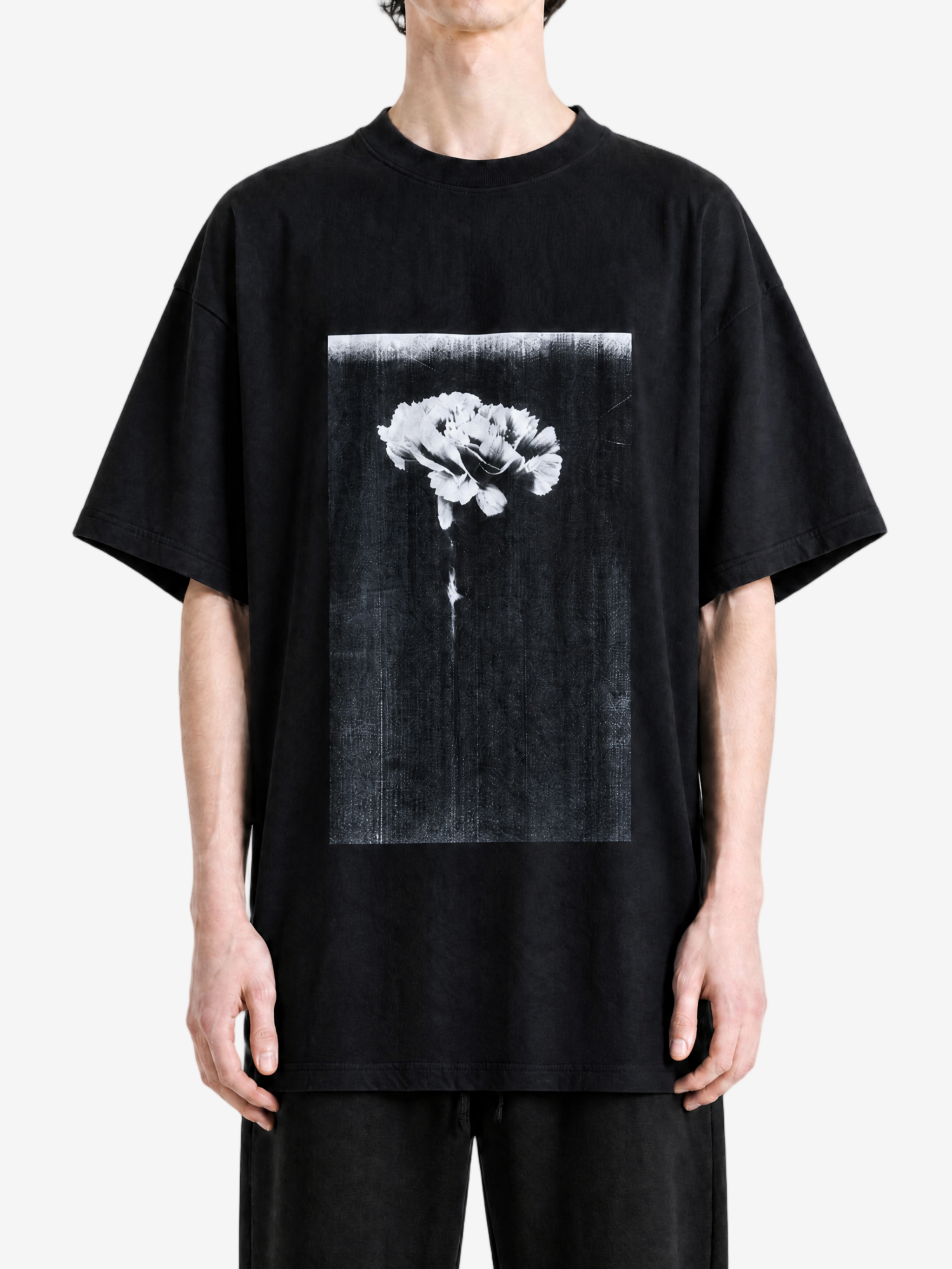 Black t-shirt, full body view